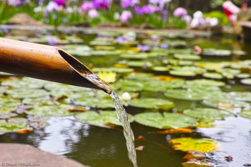 Japanisches Wasserspiel am Teich vor Seerosen