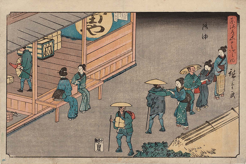Reiseszene und Alltag in der Edo-Zeit mit Händlern, Frauen und Samurai auf der Tōkaidō-Straße, Holzschnitt von Hiroshige
