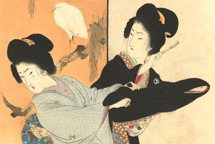 Ehrlichkeit und Höflichkeit in Japan – das Spannungsfeld von Honne und Tatemae Traditionelle japanische Darstellung zweier Frauen – Symbol für die Balance zwischen Höflichkeit, sozialer Fassade und innerer Wahrheit in Japan