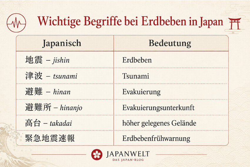 Wichtige japanische Begriffe bei Erdbeben und Tsunami Japanische Begriffe für Erdbeben, Tsunami, Evakuierung und Erdbebenfrühwarnung