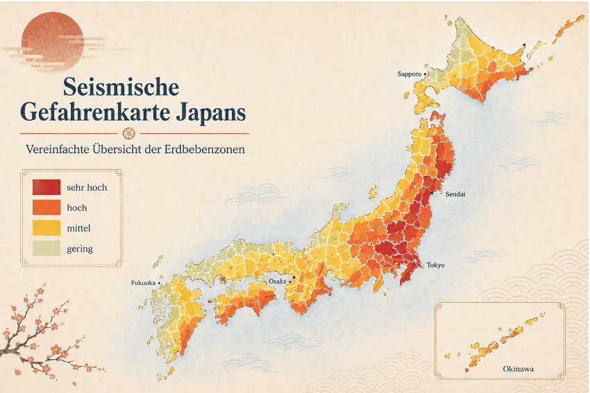 Seismische Gefahrenkarte Japans mit Erdbebenzonen Vereinfachte seismische Gefahrenkarte Japans mit unterschiedlich stark gefährdeten Erdbebenzonen