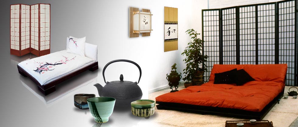 Futon with folding screen, Japanese lamps and tea service