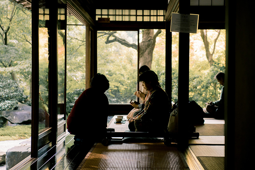 Traditionelles japanisches Haus mit Tatami-Boden und offener Sicht in den Garten – Symbol für die Verbindung von Architektur, Natur und den Elementen Erde, Wind und Wasser