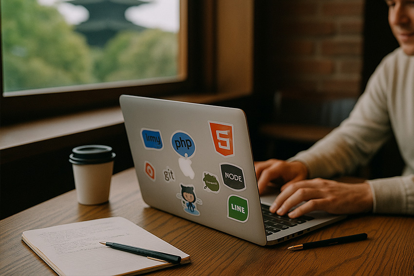 Remote arbeiten in Japan – Café-Atmosphäre mit Blick auf die Pagode Remote Work im japanischen Café mit Laptop und Pagodenblick