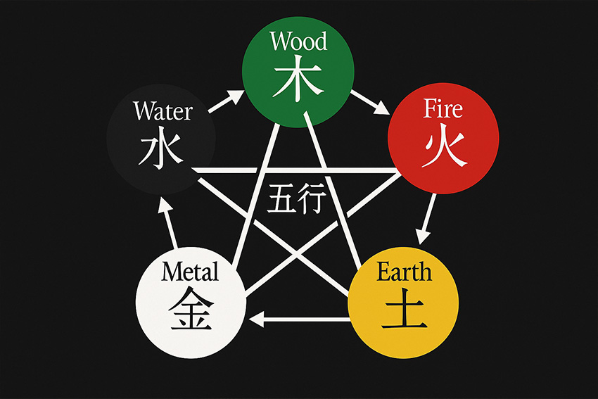 Darstellung der fünf Elemente Japans mit Pentagramm-Seiman und Gogyo-Zyklus für Holz, Feuer, Erde, Metall und Wasser