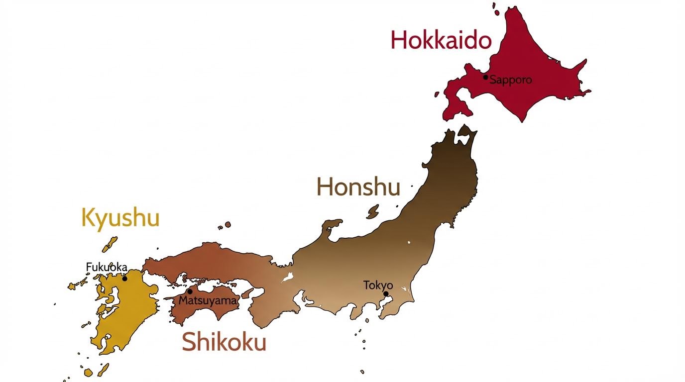 Karte von Japan mit den vier Hauptinseln Hokkaido, Honshu, Shikoku und Kyushu sowie den Städten Sapporo, Tokyo, Matsuyama und Fukuoka