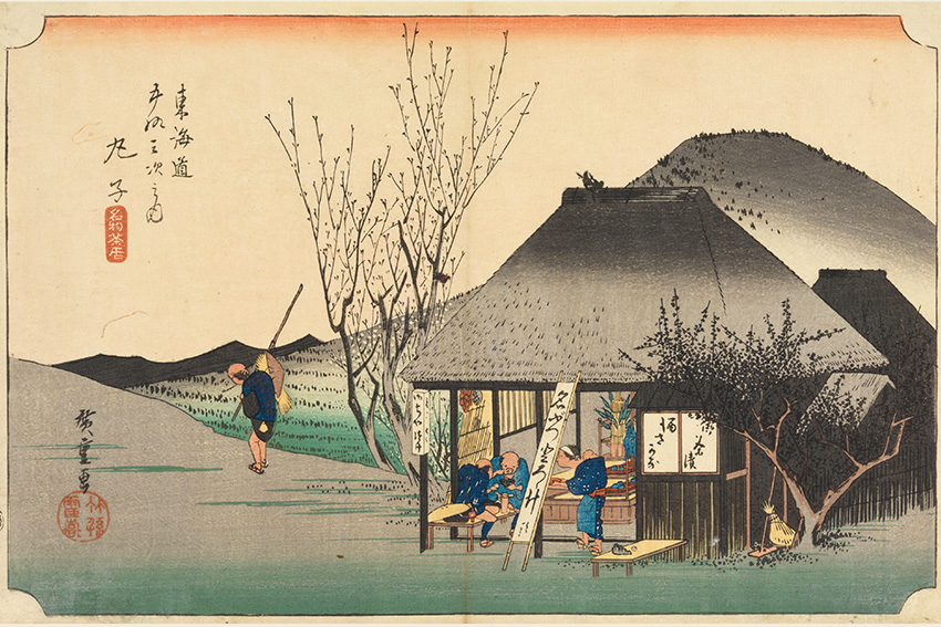 Edo-Zeit Alltag in Mariko: Teestube als Rastplatz für Reisende, Holzschnitt von Hiroshige um 1834