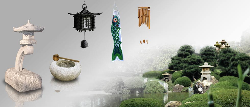 Japanese garden with stone lanterns, wind chimes and koinobori