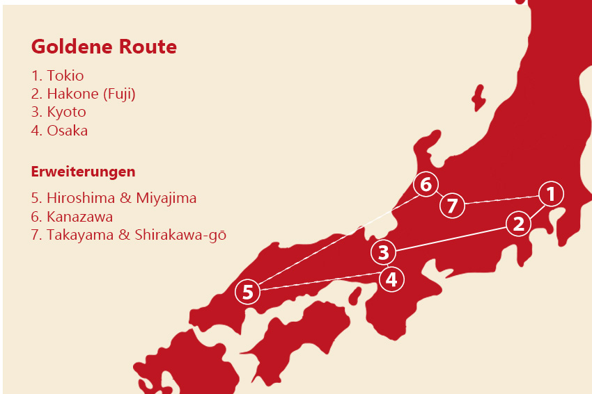 Karte der Goldenen Route Japan mit Stationen Tokio, Hakone, Kyoto und Osaka sowie Erweiterungen nach Hiroshima, Kanazawa und Takayama