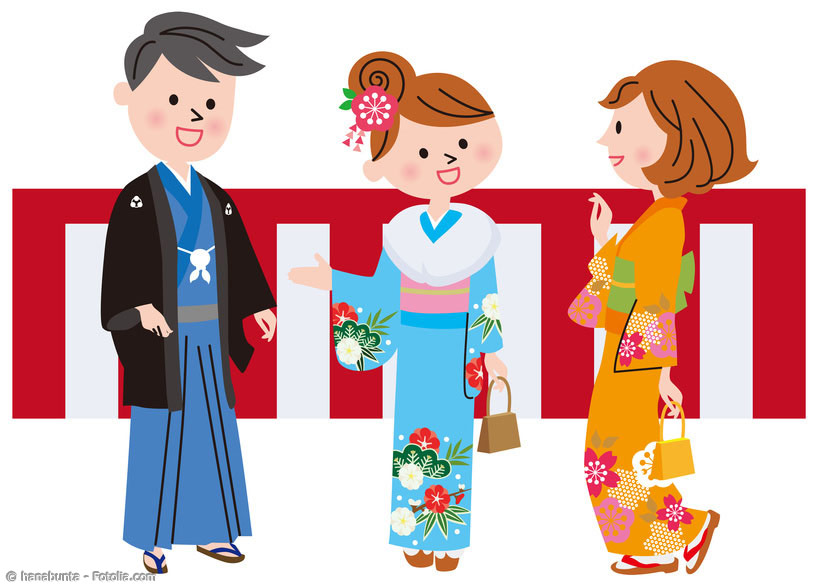 Seijin no Hi, das ist der Tag, an dem alle 20-jährigen ihre Volljährigkeit feiern. Die jungen Frauen tragen zu diesem Anlass teure Kimono, während die jungen Männer meist im Anzug auftreten.