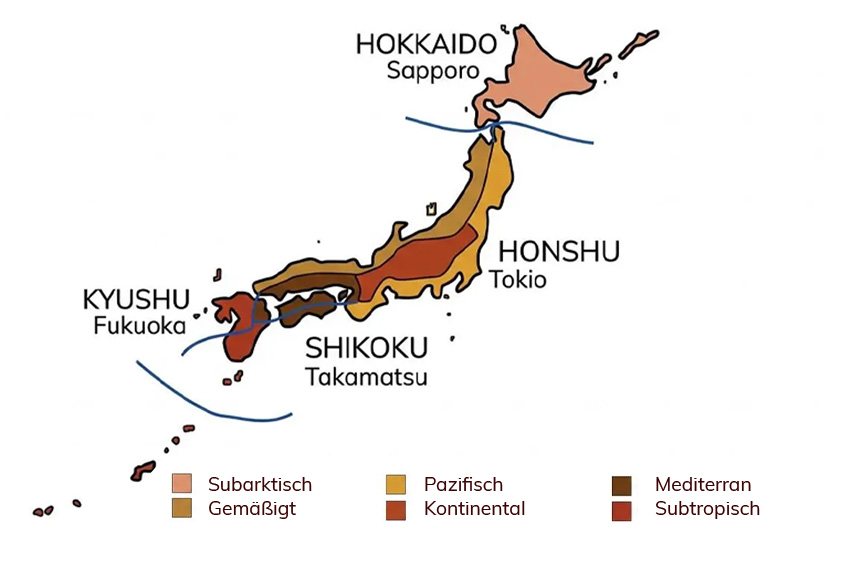 Karte Japans mit den Hauptinseln Hokkaido, Honshu, Shikoku und Kyushu sowie den unterschiedlichen Klimazonen von subarktisch bis subtropisch