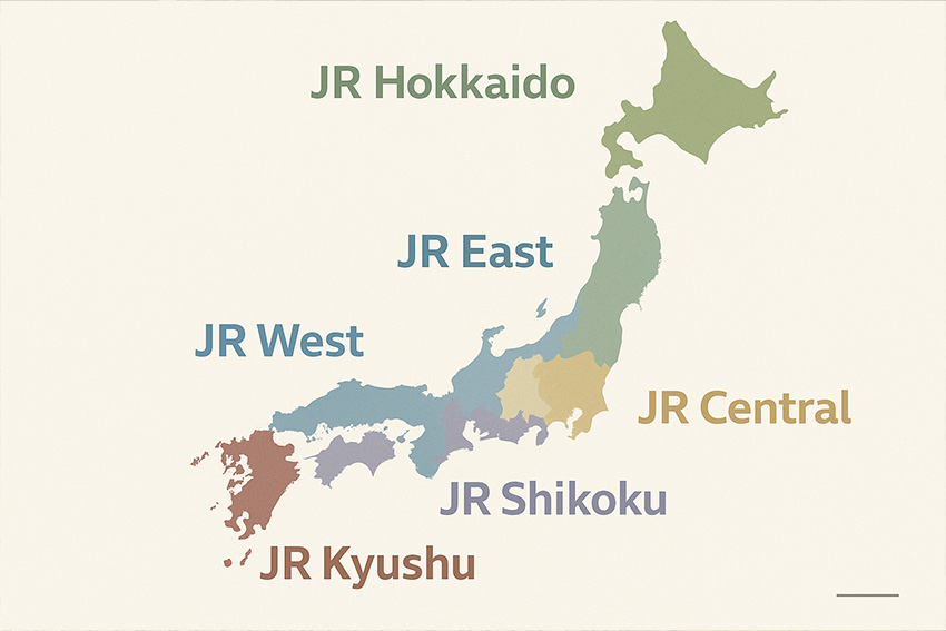 Karte Japans mit den sechs regionalen JR-Gesellschaften JR Hokkaido, JR East, JR Central, JR West, JR Shikoku und JR Kyushu
