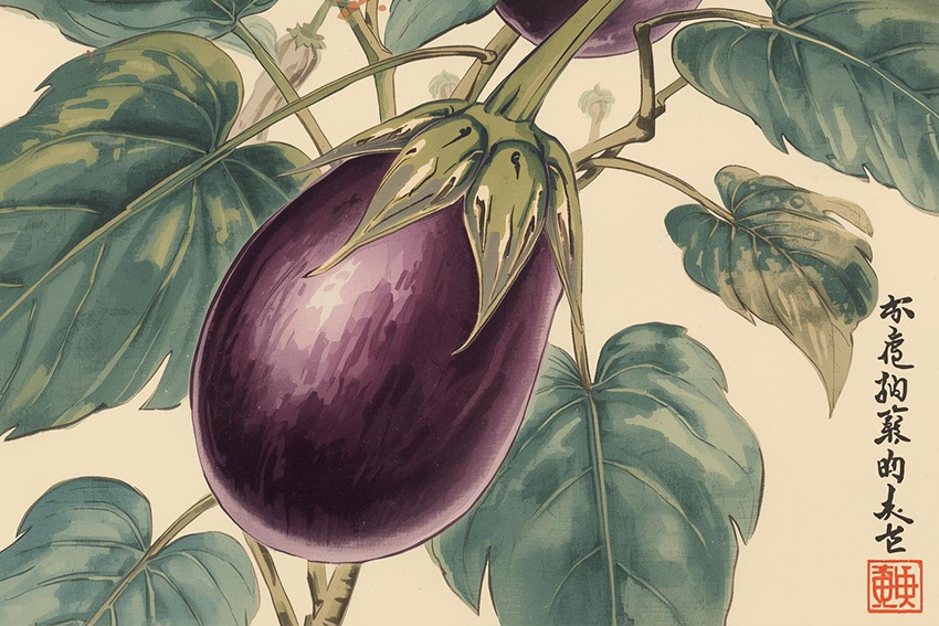 Die Aubergine im Traum – Nasubi als Glückssymbol in der japanischen Traumdeutung Stilisierte Darstellung einer Aubergine als Symbol für Erfolg, Wachstum und Glück in der japanischen Traumdeutung