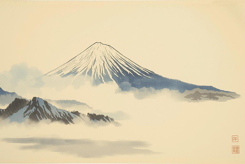 Der Berg Fuji im Morgennebel – Symbol für Klarheit und Glück in der japanischen Traumdeutung Stilisierte Darstellung des Berges Fuji im Morgennebel als Glückssymbol in der japanischen Traumdeutung