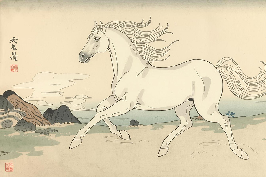 Weißes Pferd – Symbol für Reinheit und Neubeginn in der japanischen Traumdeutung Stilisierte Darstellung eines weißen Pferdes als Zeichen für Reinheit, Schutz und Neubeginn in der japanischen Traumdeutung