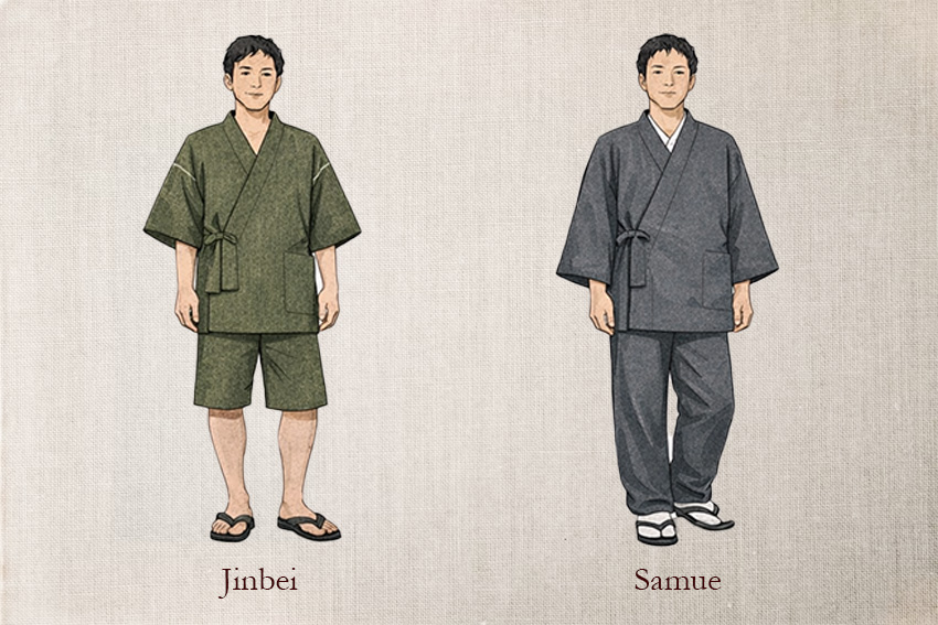 Vergleich von Jinbei und Samue: Jinbei mit kurzer Hose für den Sommer, Samue mit langer Hose für ganzjähriges Tragen