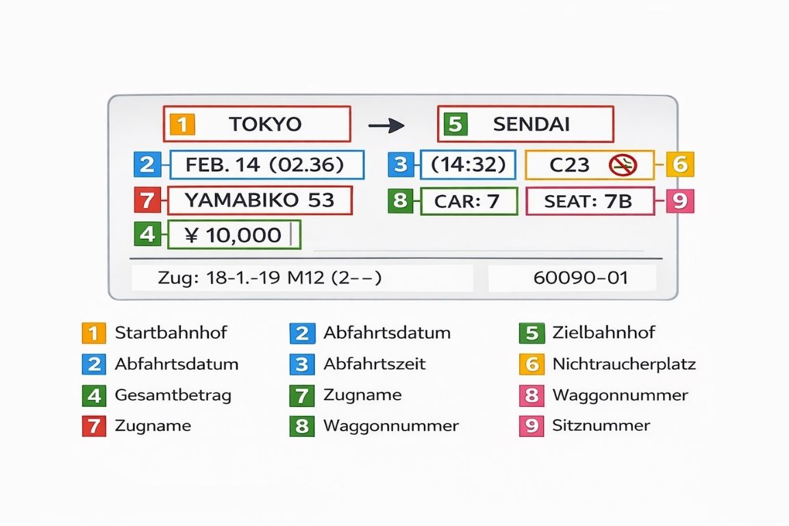 Schematische Grafik eines japanischen Zugtickets mit markierten Angaben wie Startbahnhof, Abfahrtsdatum, Abfahrtszeit, Zielbahnhof, Nichtraucherplatz, Zugname, Waggonnummer und Sitznummer