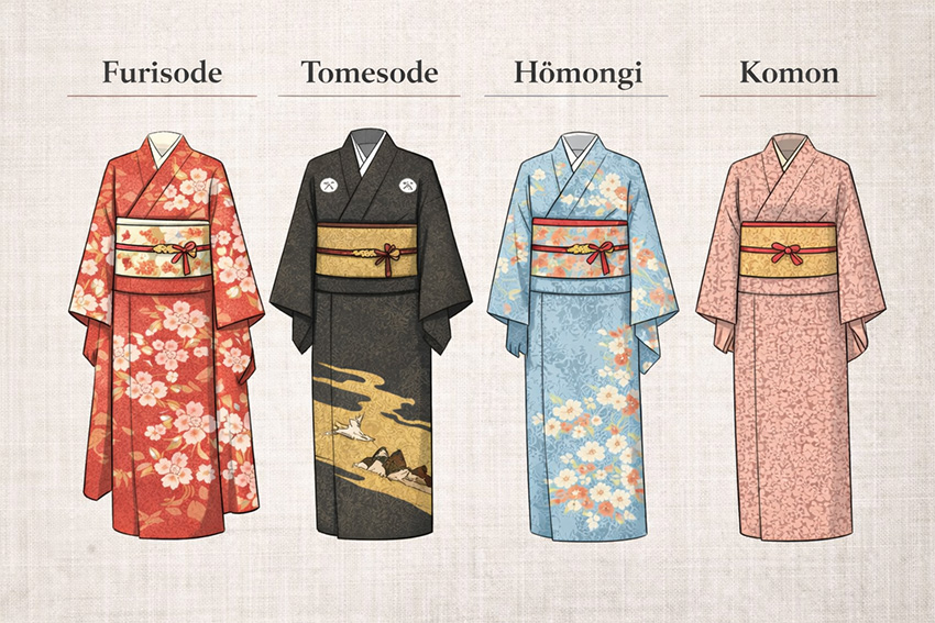 Übersicht der Kimono-Arten Furisode, Tomesode, Hōmongi und Komon mit typischen Merkmalen und Mustern