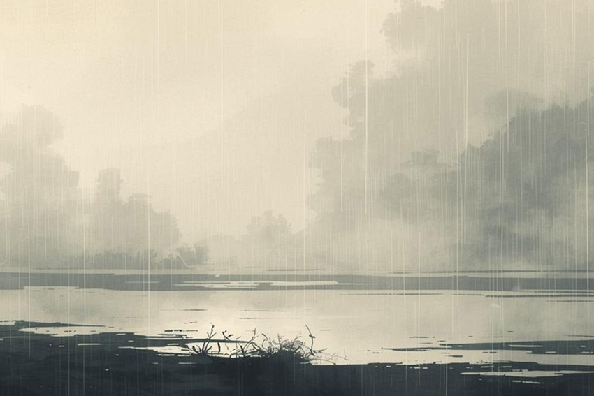 Ruhige japanische Landschaft im Regen als Sinnbild für Mono no aware und das bewusste Erleben von Vergänglichkeit