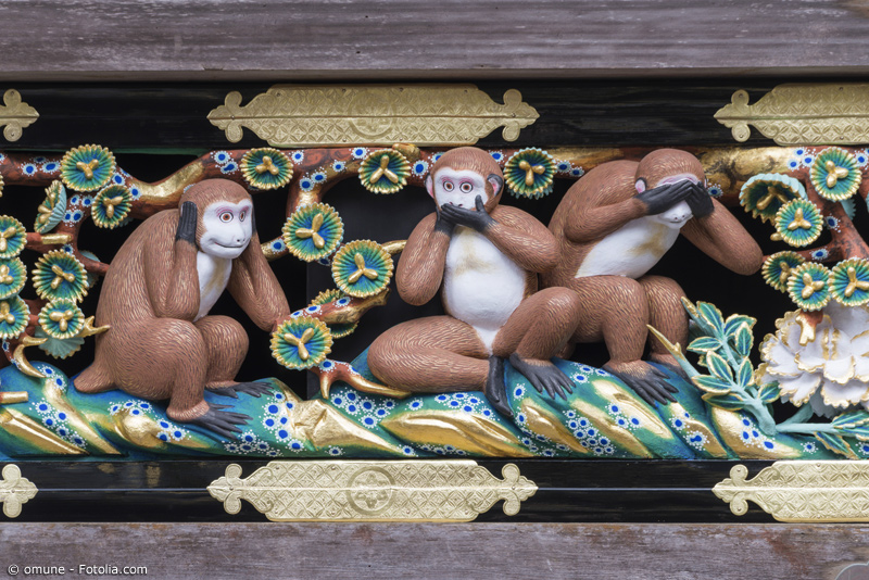 Schnitzerei der Drei Affen am Toshogu Schrein in Nikko