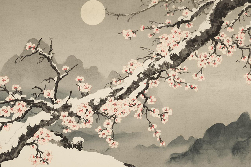 Japanisches Gemälde mit Schnee, Mond und Blütenzweig als Darstellung von Setsu-Getsu-Ka