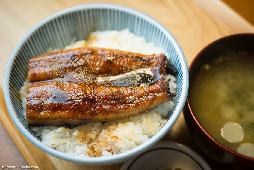 Aal mit Unagi Soße auf Reis, dazu Miso-Suppe