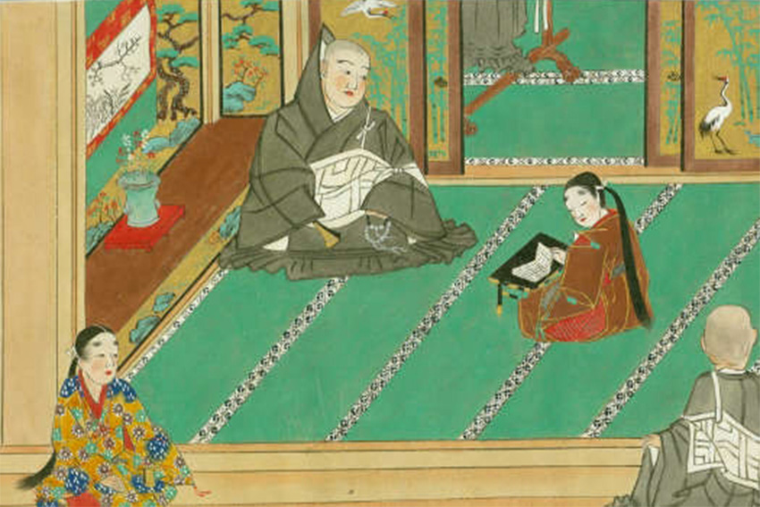 Traditioneller japanischer Tatami-Raum mit Schiebetüren, Futon und schlichter Einrichtung im Edo-Zeit Stil