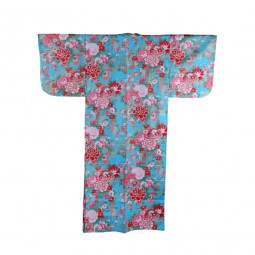 Yukata für Damen - Temari und Pfingstrosen Türkis 56 Zoll