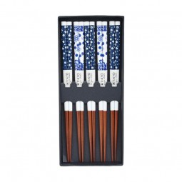 Chopstick Set Walnut Blue-White Flowers Pattern
