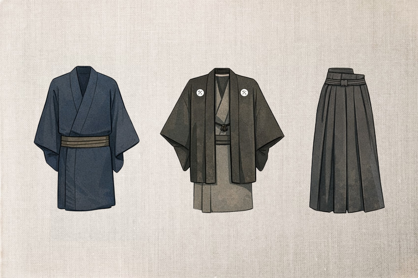 Übersicht zur traditionellen Männerkleidung in Japan: Kimono, Haori-Jacke und Hakama mit typischen Details