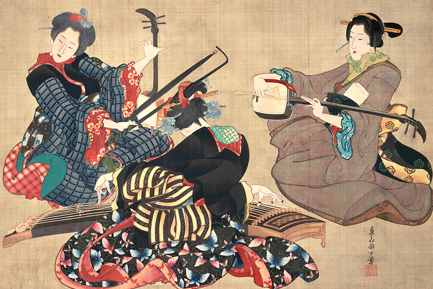 Historische Darstellung aus der Edo-Zeit: Frauen in kunstvoll gemusterten Kimonos beim Musizieren