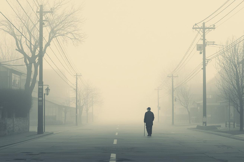 Der blinde Mann im Nebel – Zatō als Symbol für unerwartete Wendungen in der japanischen Traumdeutung Einsame Gestalt eines blinden Mannes im Nebel als Sinnbild für Orientierung ohne Sicht und überraschende Wendepunkte in der japanischen Traumdeutung