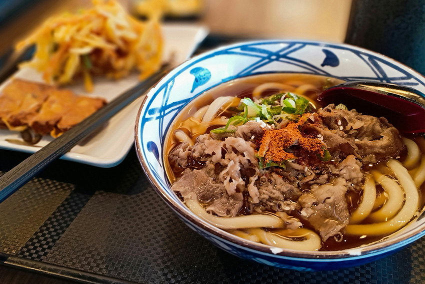 Schüssel Udon mit dicken Weizennudeln, Brühe, Fleisch und Frühlingszwiebeln – beliebtes japanisches Nudelgericht