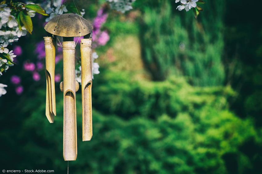 Bambus Windspiel mit runder Aufhängung an einem Kirschblütenzweig im Garten