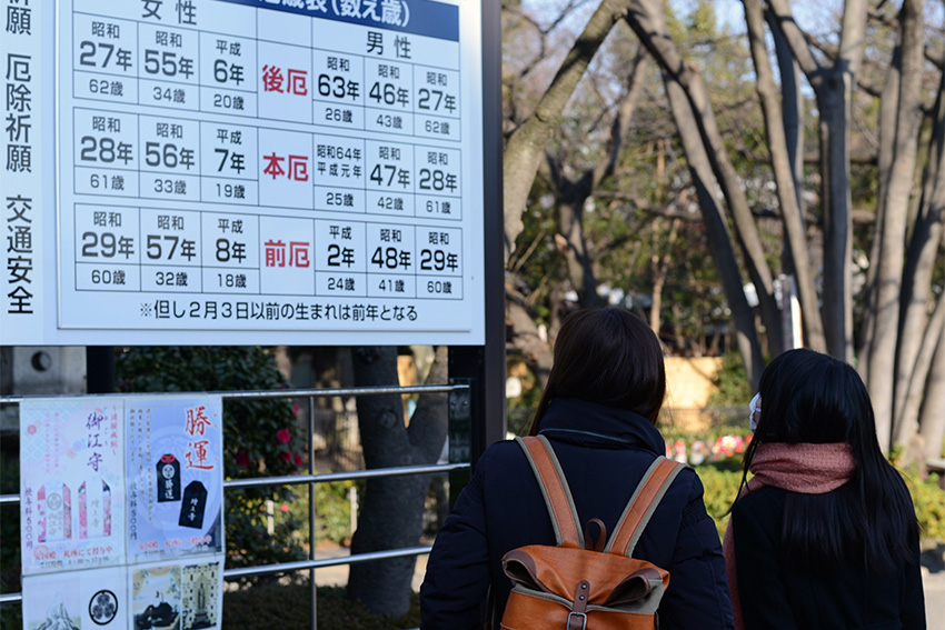 Yakudoshi Japan Unglücksjahre Tabelle für Männer und Frauen an einem Tempel