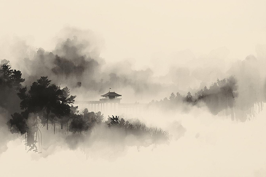 Neblige japanische Landschaft mit Pavillon – Symbol für Yūgen, Leere und Andeutung
