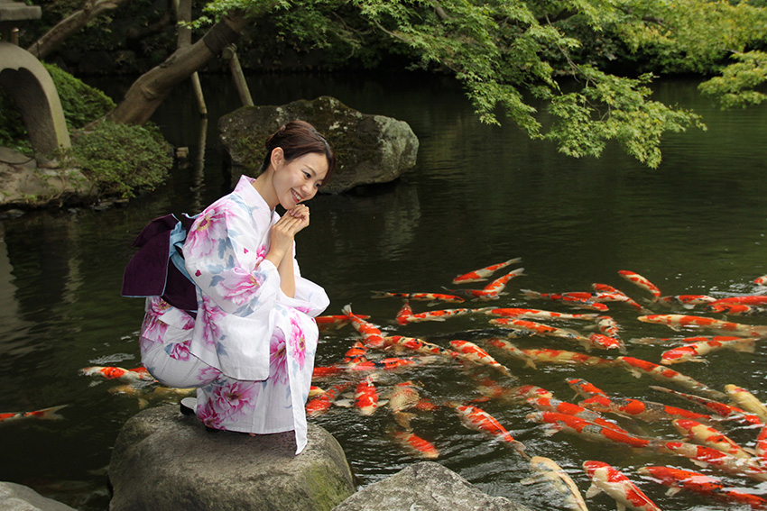 Frau in einem hellen Yukata mit floralem Muster am Teich mit Koi-Karpfen in einem japanischen Garten